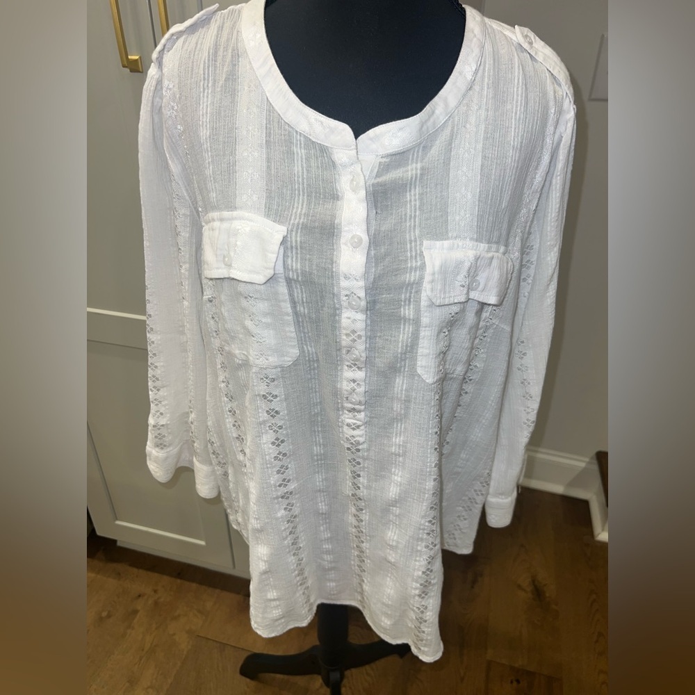 Lucky Brand White Semi-Sheer Button Front Blouse